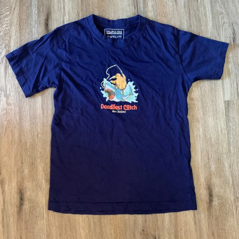 Hallifax Tees Kids Navy Blue Deadliest Catch Kiwi Bird Shark Graphic T-Shirt 12